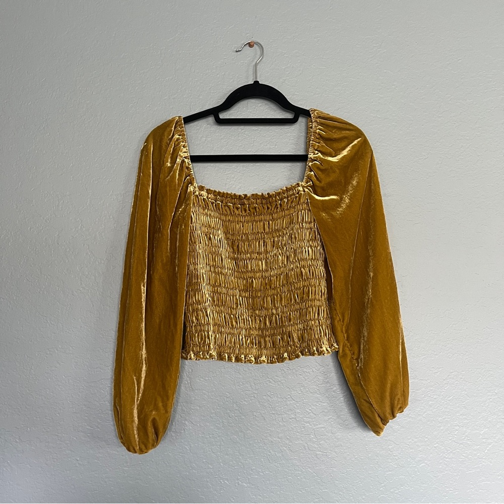 Anthropologie Mustard Puff Sleeve Velvet Blouse